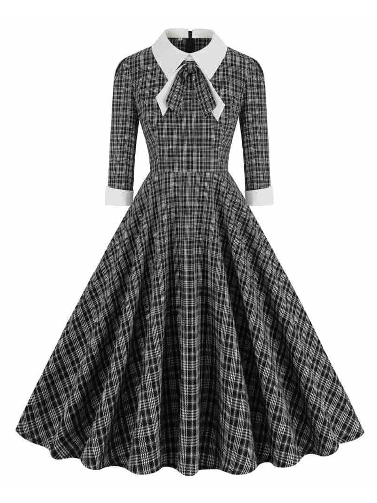 Tonval Brown Plaid Rockabilly Vintage Midi Dresses Turn-Down Collar Bow 3/4 Length Sleeve Autumn Winter Women Elegant Dress