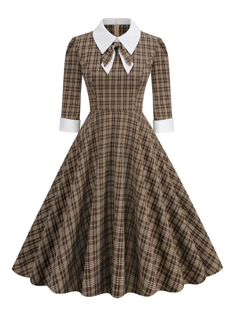 Tonval Brown Plaid Rockabilly Vintage Midi Dresses Turn-Down Collar Bow 3/4 Length Sleeve Autumn Winter Women Elegant Dress