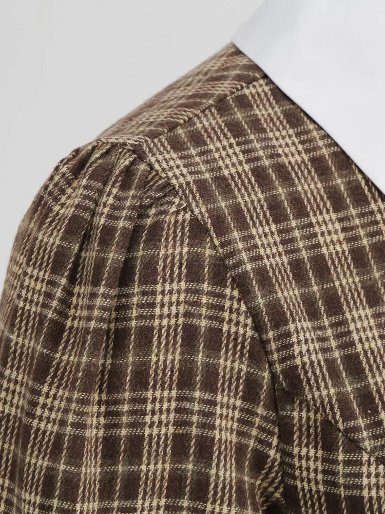 Tonval Brown Plaid Rockabilly Vintage Midi Dresses Turn-Down Collar Bow 3/4 Length Sleeve Autumn Winter Women Elegant Dress