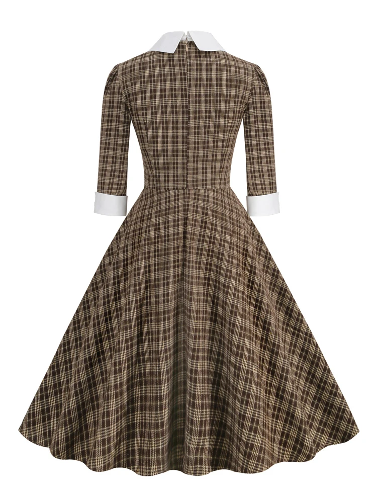 Tonval Brown Plaid Rockabilly Vintage Midi Dresses Turn-Down Collar Bow 3/4 Length Sleeve Autumn Winter Women Elegant Dress