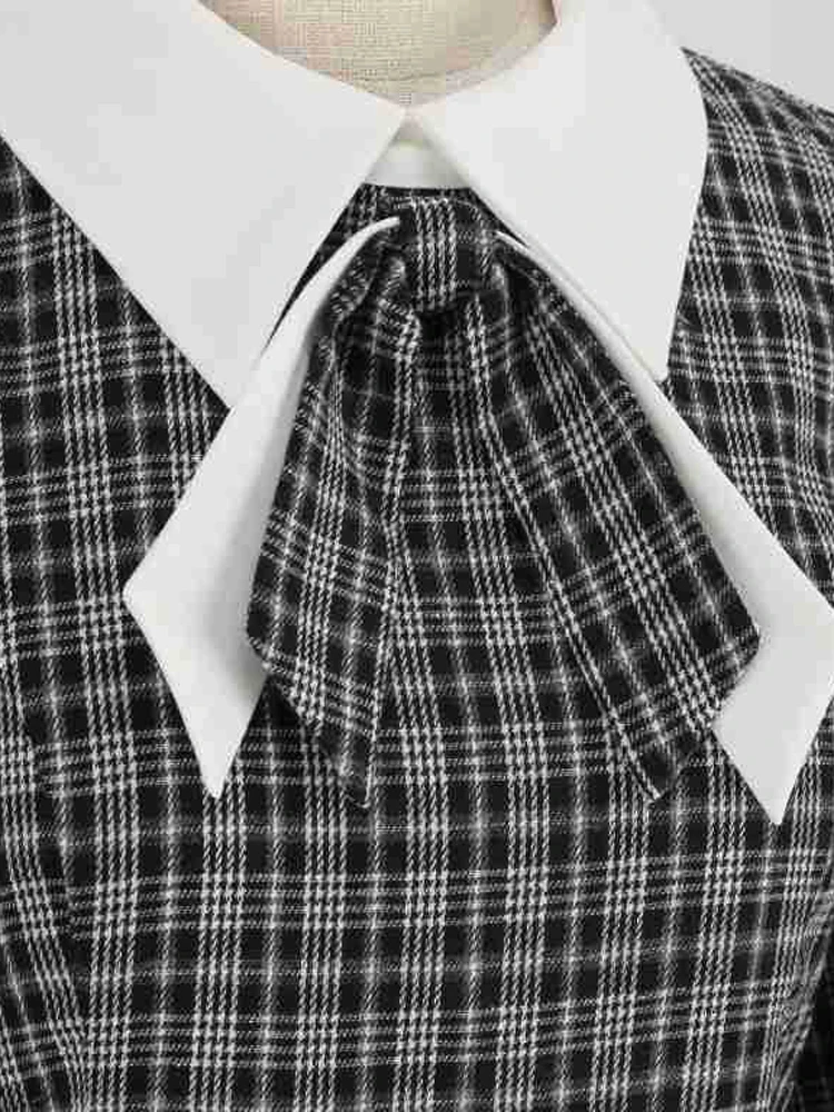 Tonval Brown Plaid Rockabilly Vintage Midi Dresses Turn-Down Collar Bow 3/4 Length Sleeve Autumn Winter Women Elegant Dress