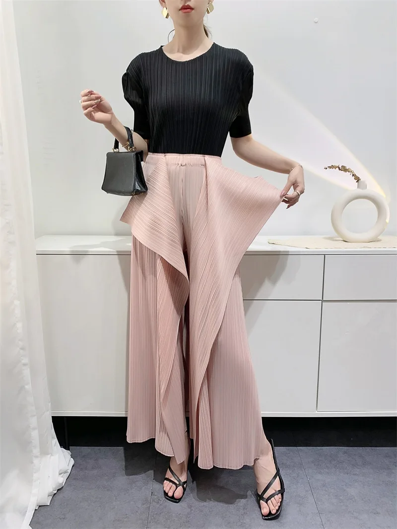 Miyake Pleated Pants Women's Wide Leg Pants Loose Design Fashion Niche Irregular Comfortable Casual 2025 Summer New Trousers