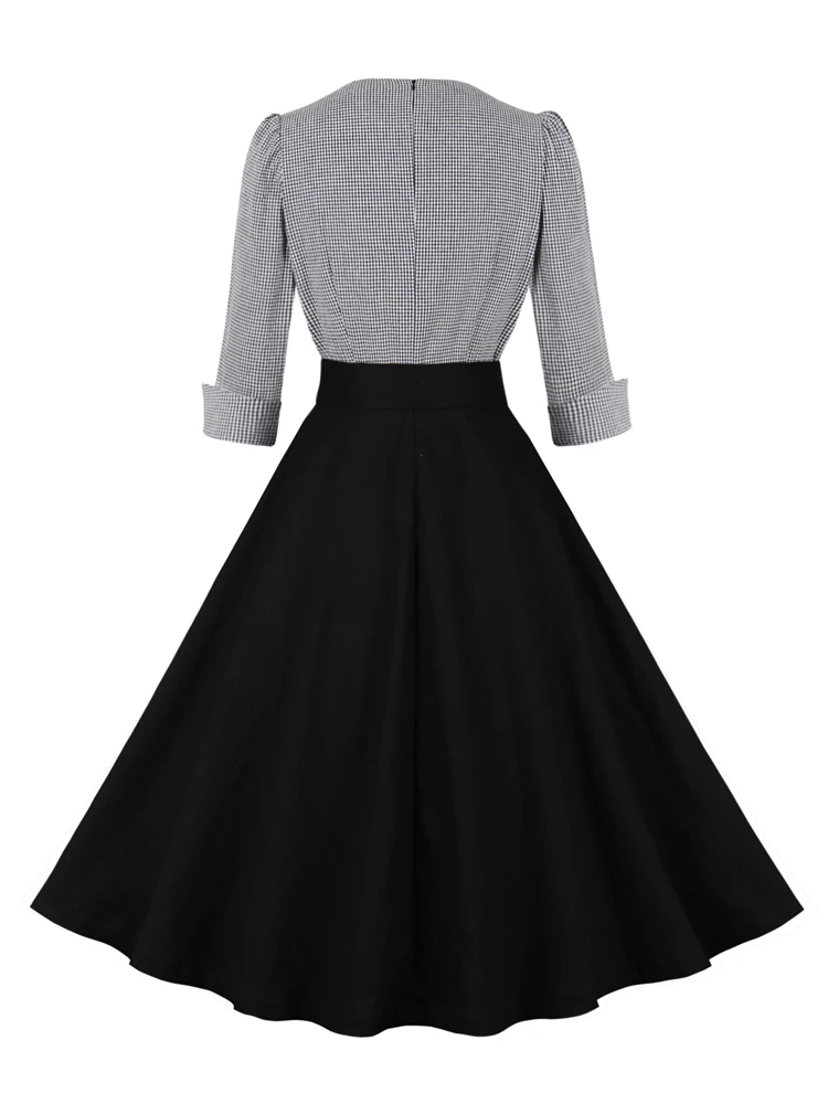 Tonval Plaid and Black Elegant Ladies Rockabilly Cotton Dresses Notched Collar 3/4 Sleeve Autumn Winter Women Vintage Dress