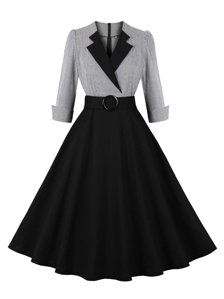 Tonval Plaid and Black Elegant Ladies Rockabilly Cotton Dresses Notched Collar 3/4 Sleeve Autumn Winter Women Vintage Dress