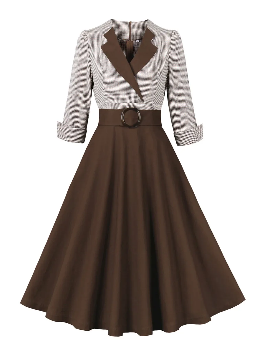 Tonval Plaid and Black Elegant Ladies Rockabilly Cotton Dresses Notched Collar 3/4 Sleeve Autumn Winter Women Vintage Dress