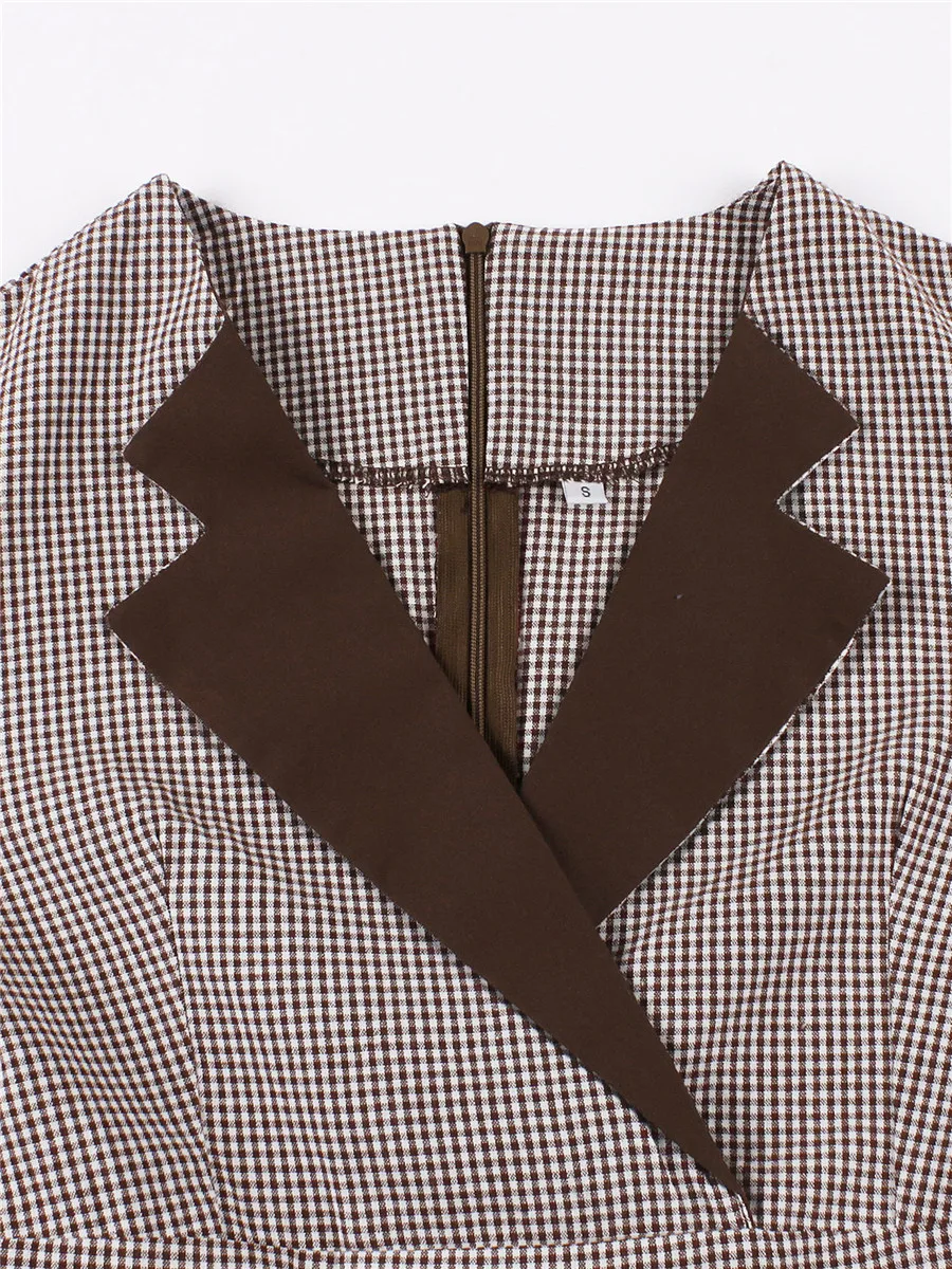 Tonval Plaid and Black Elegant Ladies Rockabilly Cotton Dresses Notched Collar 3/4 Sleeve Autumn Winter Women Vintage Dress