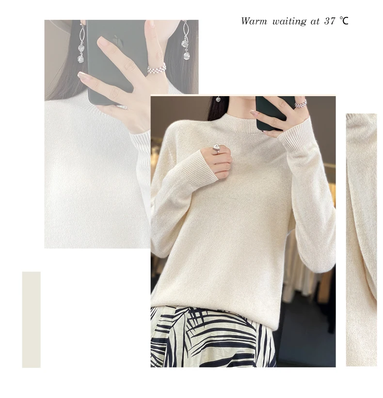 100% Merino Wool Sweater Women Half-high Collar Pullover Autumn Winter Casual Knit Tops Solid Female Cashmere Soft Knitwear