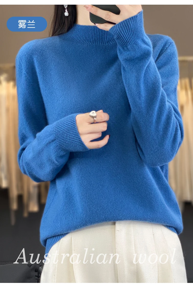 100% Merino Wool Sweater Women Half-high Collar Pullover Autumn Winter Casual Knit Tops Solid Female Cashmere Soft Knitwear