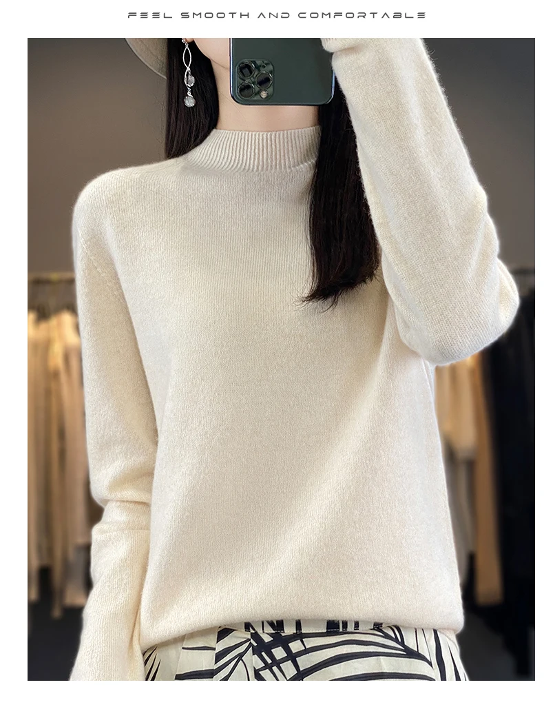 100% Merino Wool Sweater Women Half-high Collar Pullover Autumn Winter Casual Knit Tops Solid Female Cashmere Soft Knitwear