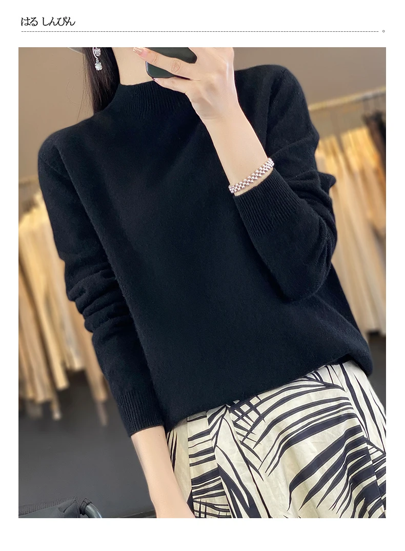 100% Merino Wool Sweater Women Half-high Collar Pullover Autumn Winter Casual Knit Tops Solid Female Cashmere Soft Knitwear