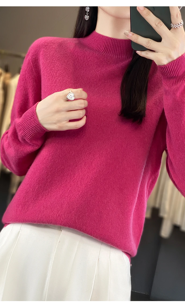 100% Merino Wool Sweater Women Half-high Collar Pullover Autumn Winter Casual Knit Tops Solid Female Cashmere Soft Knitwear