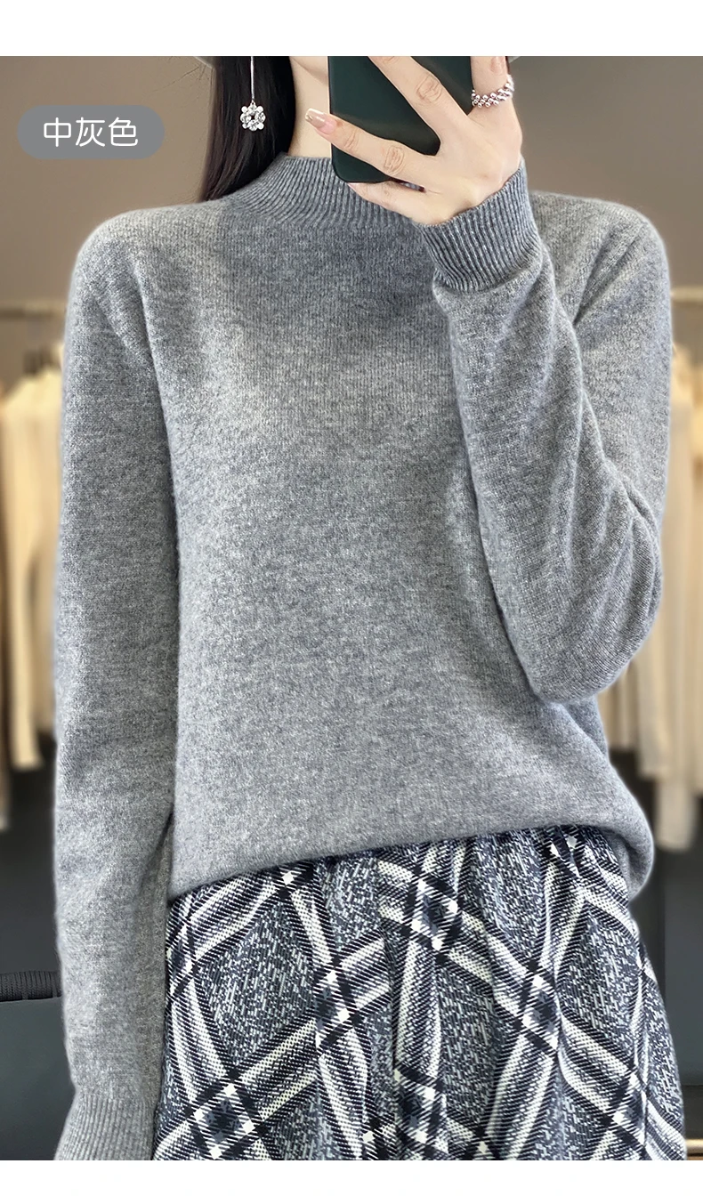 100% Merino Wool Sweater Women Half-high Collar Pullover Autumn Winter Casual Knit Tops Solid Female Cashmere Soft Knitwear
