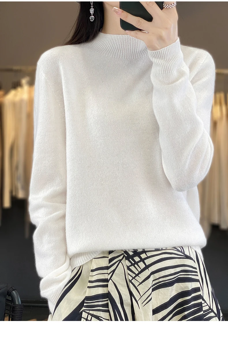 100% Merino Wool Sweater Women Half-high Collar Pullover Autumn Winter Casual Knit Tops Solid Female Cashmere Soft Knitwear