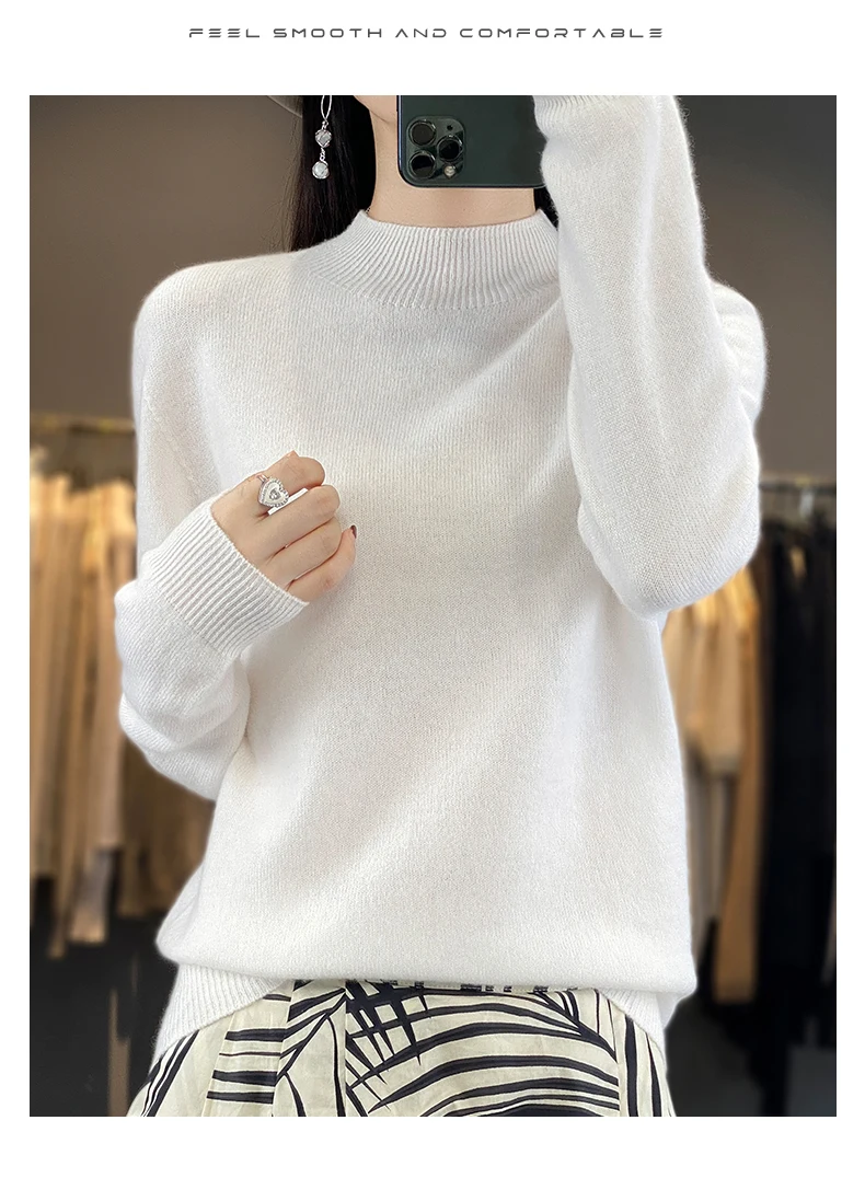 100% Merino Wool Sweater Women Half-high Collar Pullover Autumn Winter Casual Knit Tops Solid Female Cashmere Soft Knitwear