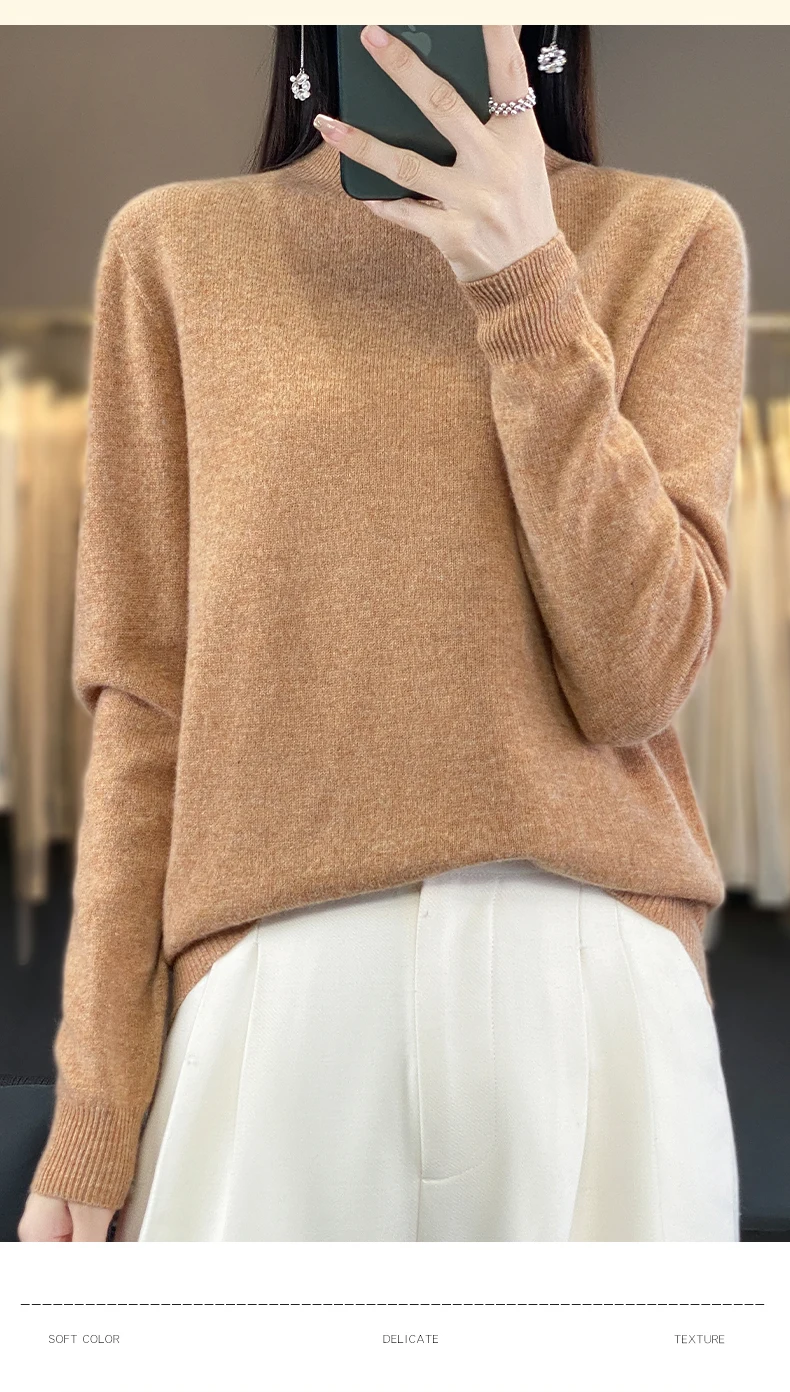 100% Merino Wool Sweater Women Half-high Collar Pullover Autumn Winter Casual Knit Tops Solid Female Cashmere Soft Knitwear