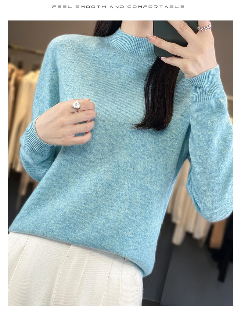 100% Merino Wool Sweater Women Half-high Collar Pullover Autumn Winter Casual Knit Tops Solid Female Cashmere Soft Knitwear