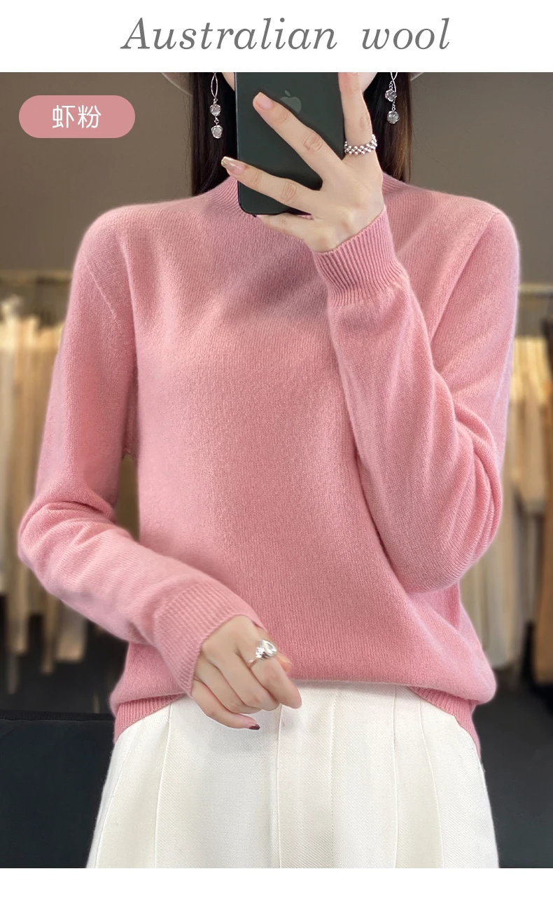 100% Merino Wool Sweater Women Half-high Collar Pullover Autumn Winter Casual Knit Tops Solid Female Cashmere Soft Knitwear