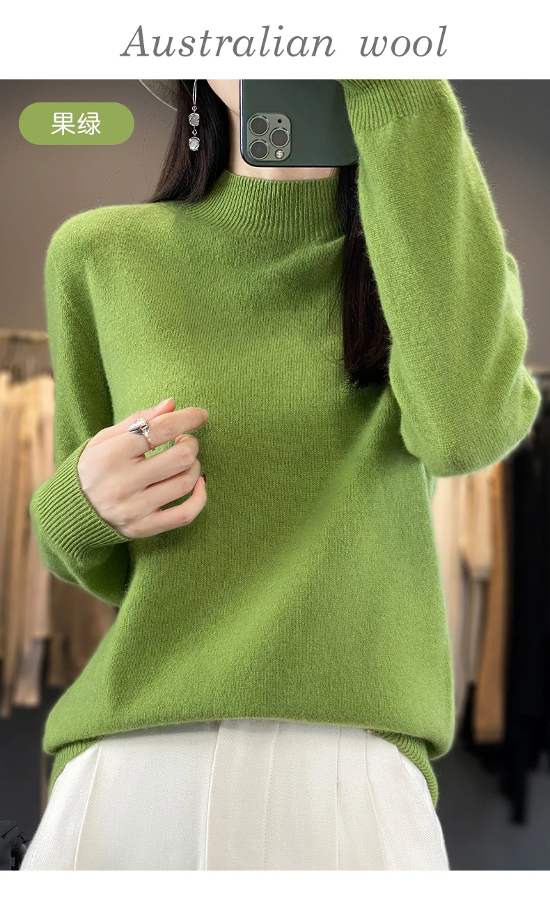 100% Merino Wool Sweater Women Half-high Collar Pullover Autumn Winter Casual Knit Tops Solid Female Cashmere Soft Knitwear