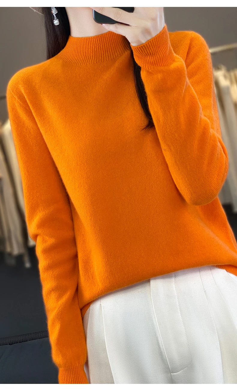 100% Merino Wool Sweater Women Half-high Collar Pullover Autumn Winter Casual Knit Tops Solid Female Cashmere Soft Knitwear