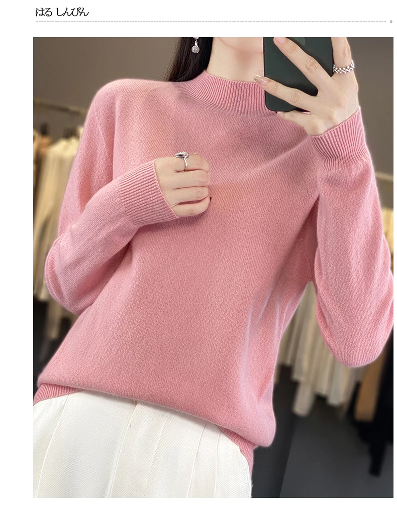 100% Merino Wool Sweater Women Half-high Collar Pullover Autumn Winter Casual Knit Tops Solid Female Cashmere Soft Knitwear