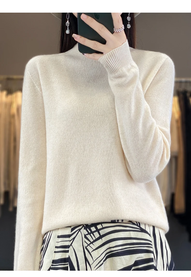 100% Merino Wool Sweater Women Half-high Collar Pullover Autumn Winter Casual Knit Tops Solid Female Cashmere Soft Knitwear