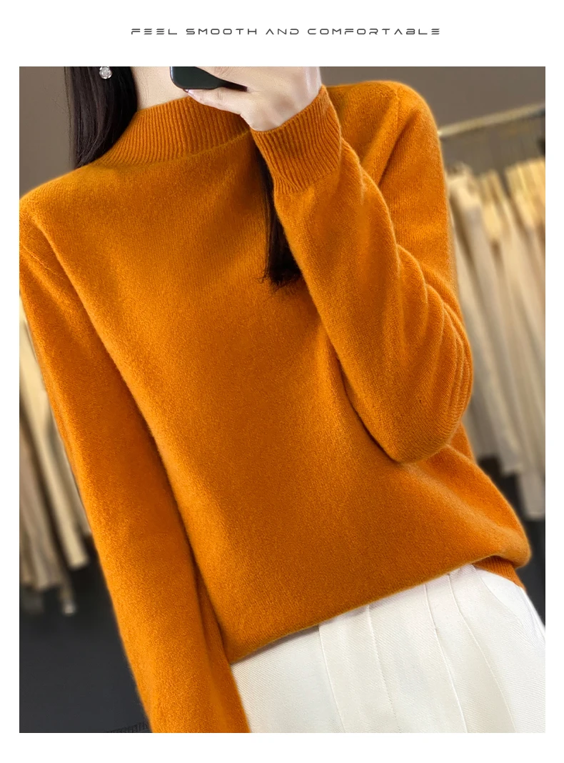 100% Merino Wool Sweater Women Half-high Collar Pullover Autumn Winter Casual Knit Tops Solid Female Cashmere Soft Knitwear