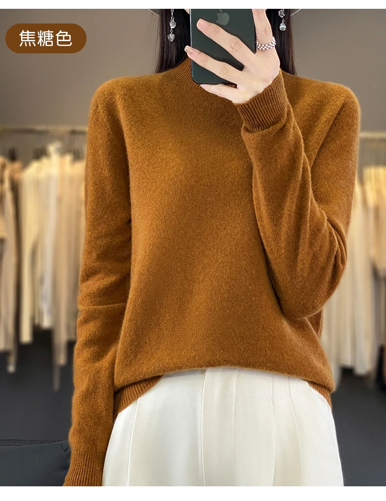 100% Merino Wool Sweater Women Half-high Collar Pullover Autumn Winter Casual Knit Tops Solid Female Cashmere Soft Knitwear