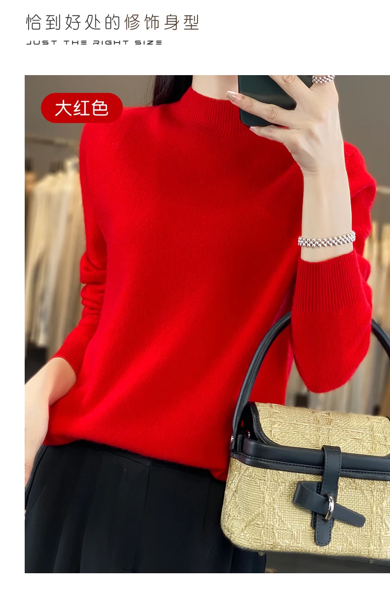 100% Merino Wool Sweater Women Half-high Collar Pullover Autumn Winter Casual Knit Tops Solid Female Cashmere Soft Knitwear