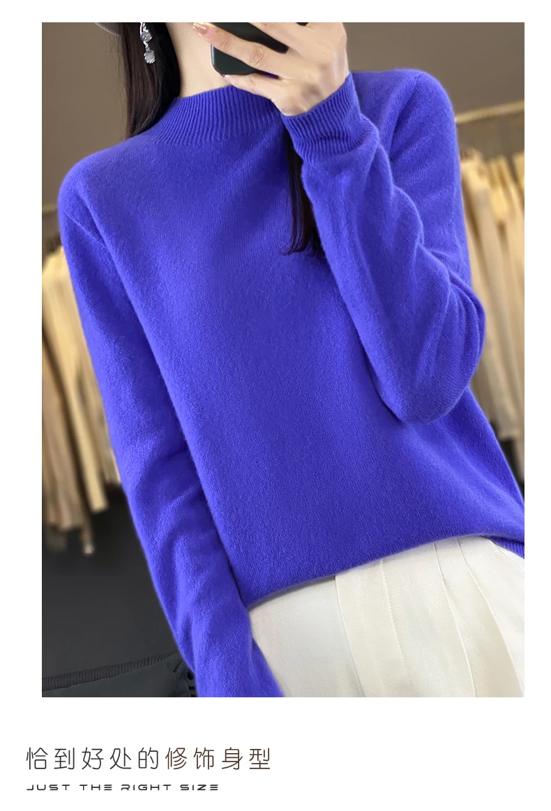 100% Merino Wool Sweater Women Half-high Collar Pullover Autumn Winter Casual Knit Tops Solid Female Cashmere Soft Knitwear