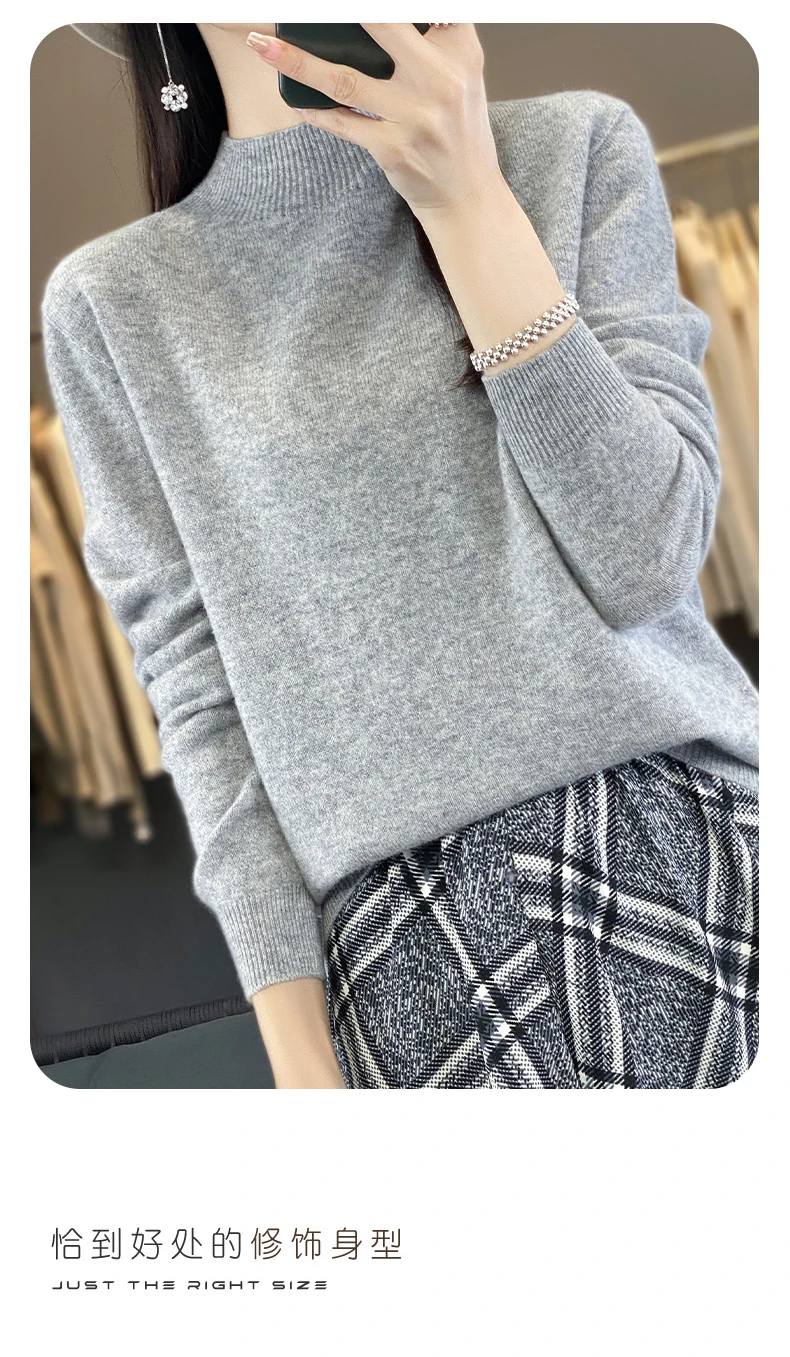 100% Merino Wool Sweater Women Half-high Collar Pullover Autumn Winter Casual Knit Tops Solid Female Cashmere Soft Knitwear