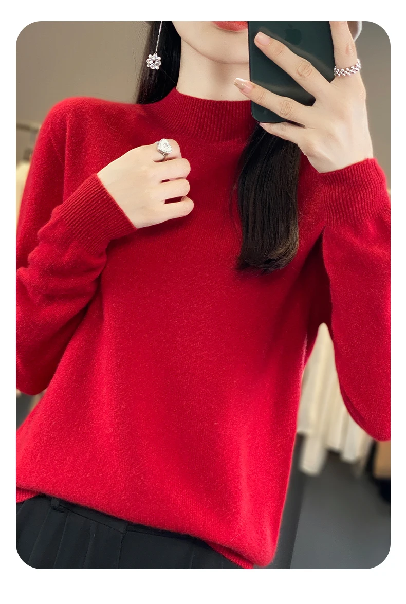 100% Merino Wool Sweater Women Half-high Collar Pullover Autumn Winter Casual Knit Tops Solid Female Cashmere Soft Knitwear