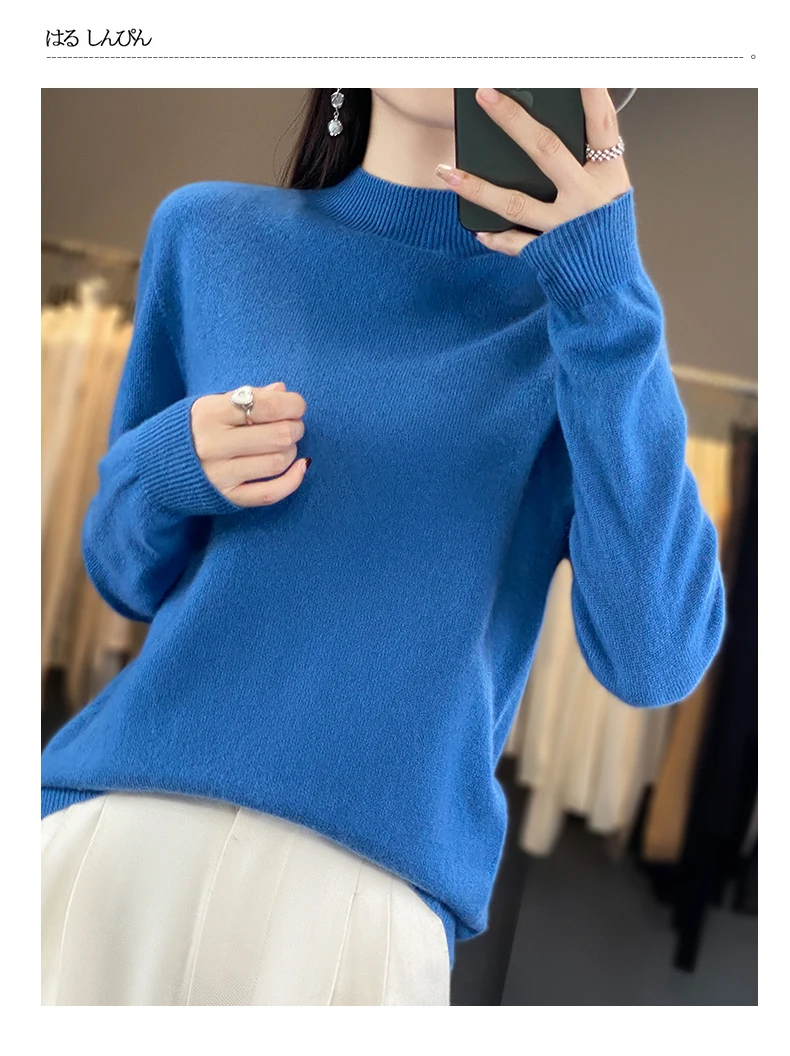 100% Merino Wool Sweater Women Half-high Collar Pullover Autumn Winter Casual Knit Tops Solid Female Cashmere Soft Knitwear