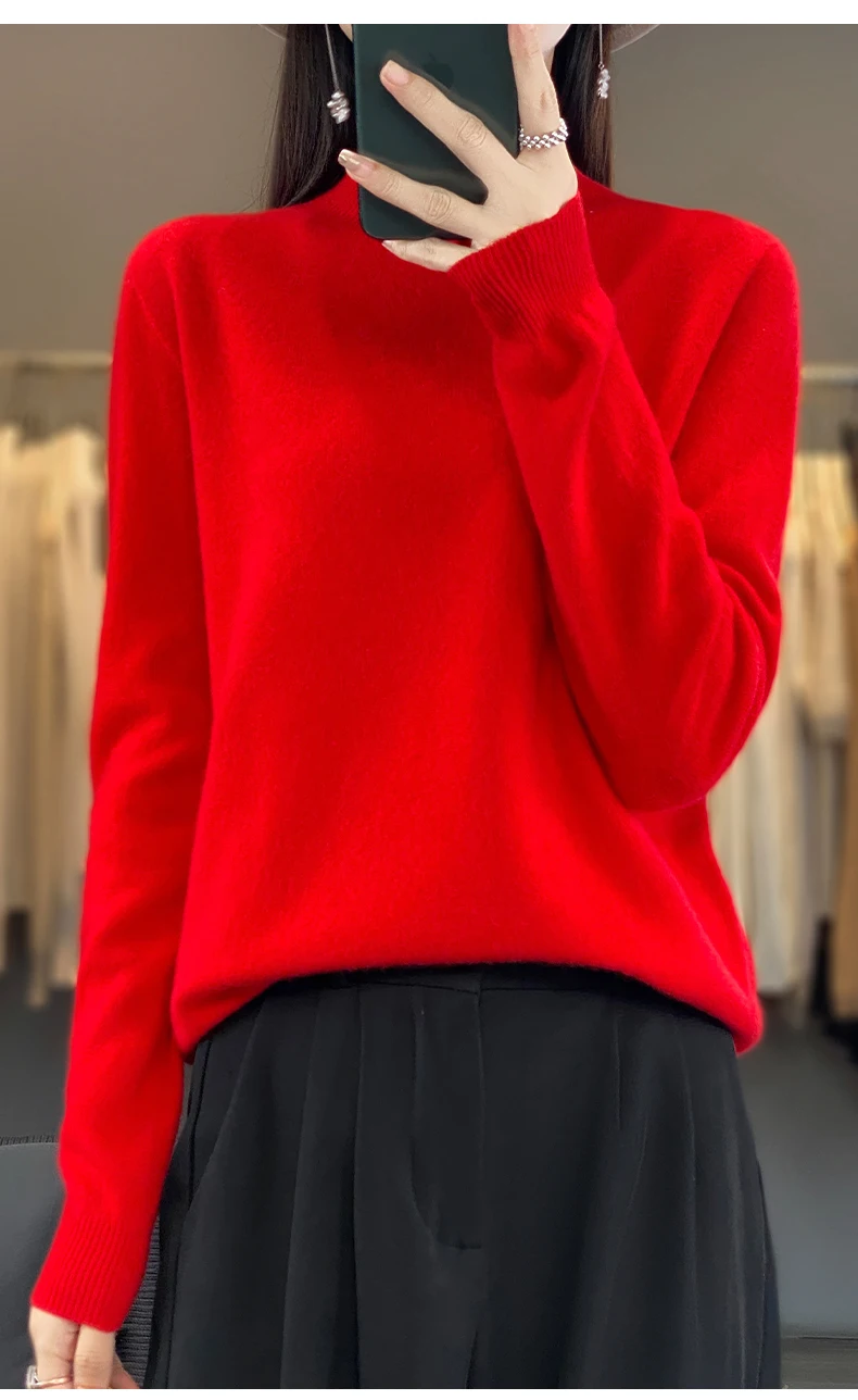 100% Merino Wool Sweater Women Half-high Collar Pullover Autumn Winter Casual Knit Tops Solid Female Cashmere Soft Knitwear