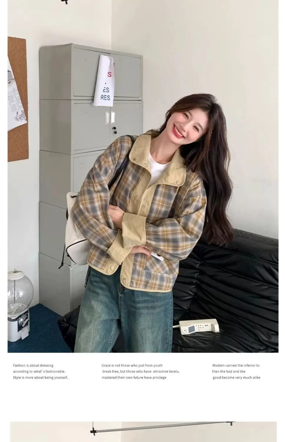 New Women's Plaid Jacket Fashion Loose Long Sleeve Single Row Button Tops Short Jacket Cardigan Coats Shirts