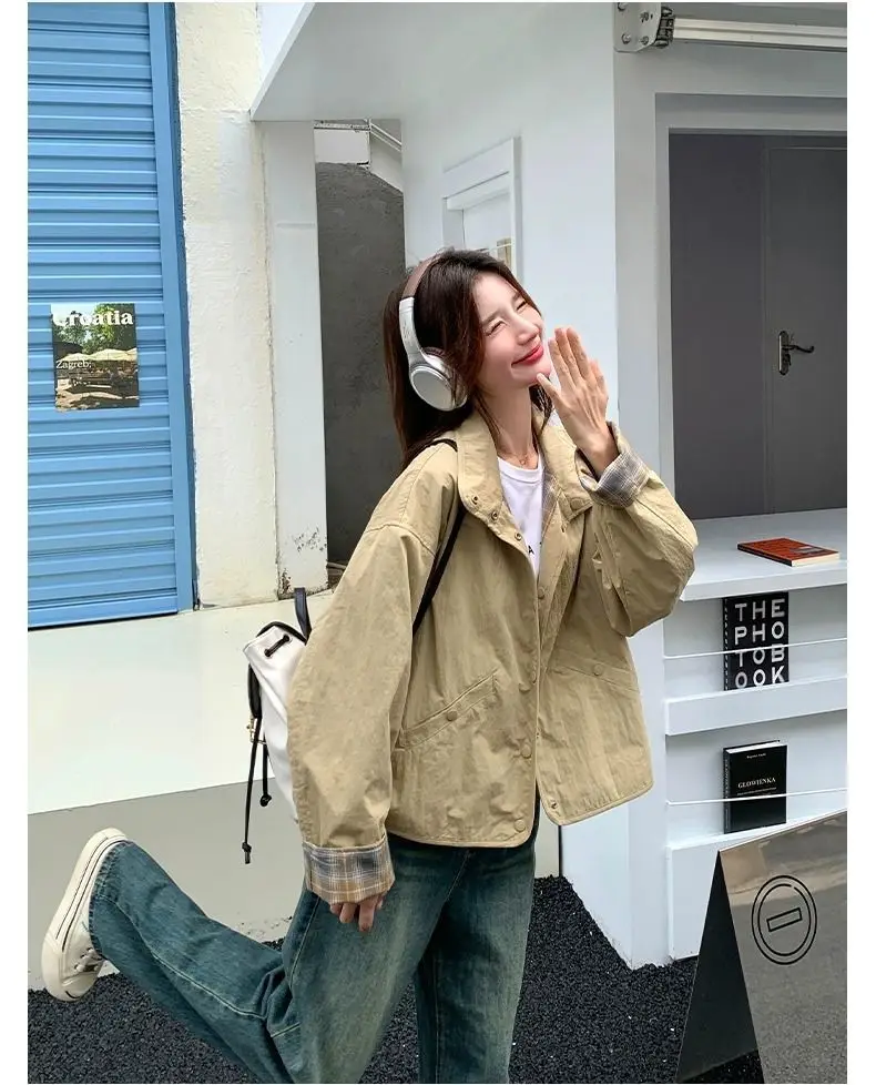 New Women's Plaid Jacket Fashion Loose Long Sleeve Single Row Button Tops Short Jacket Cardigan Coats Shirts