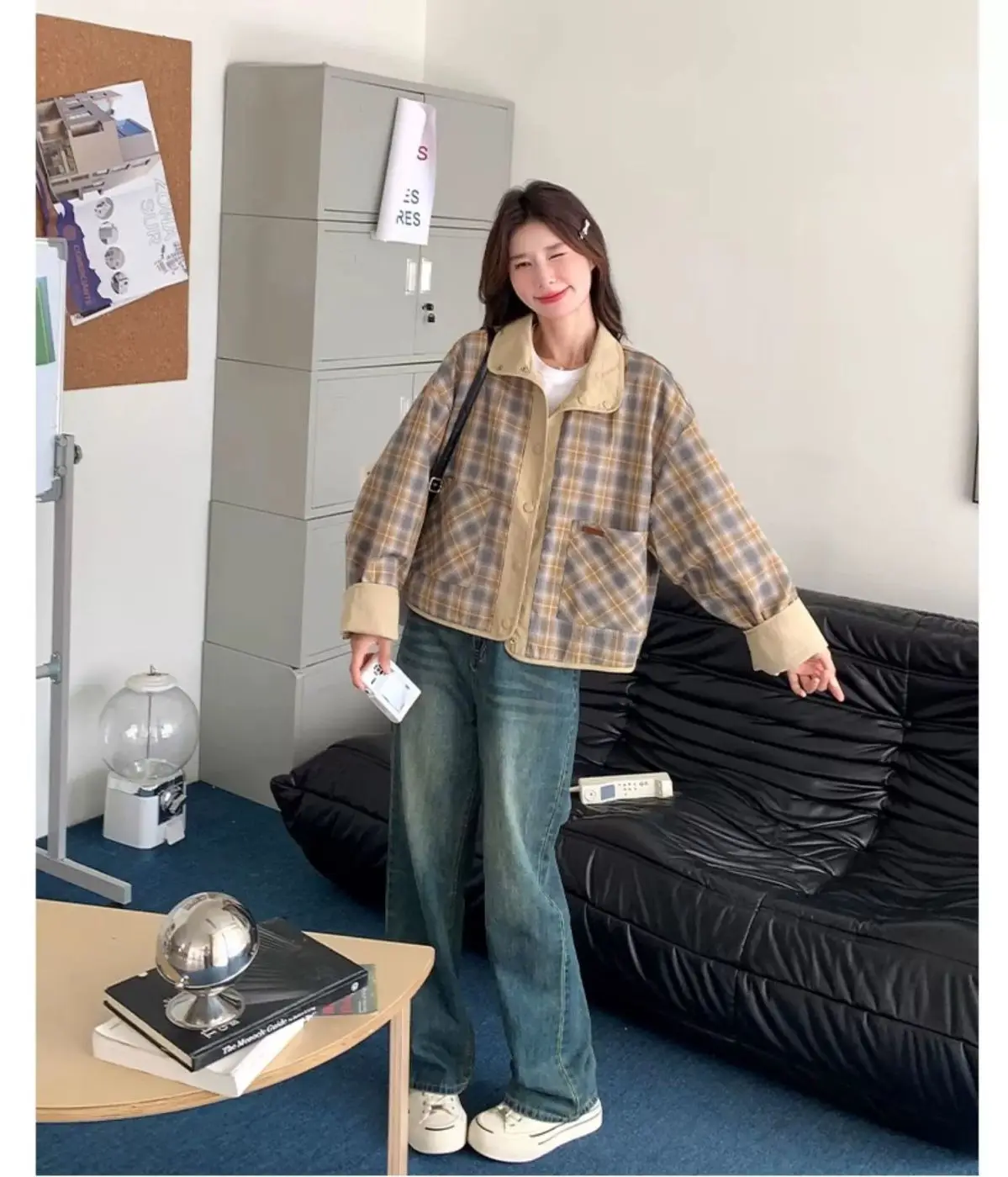 New Women's Plaid Jacket Fashion Loose Long Sleeve Single Row Button Tops Short Jacket Cardigan Coats Shirts
