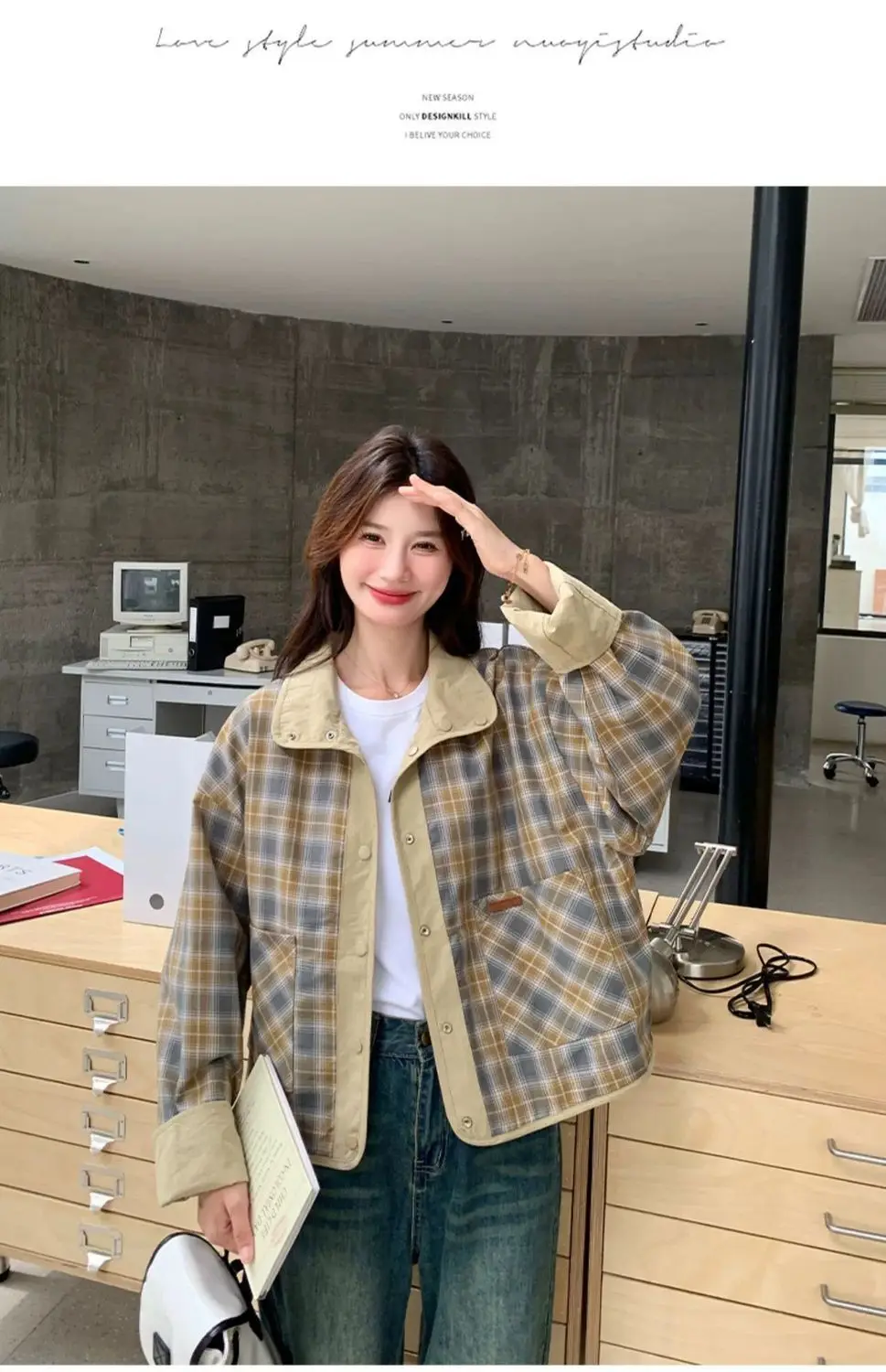New Women's Plaid Jacket Fashion Loose Long Sleeve Single Row Button Tops Short Jacket Cardigan Coats Shirts