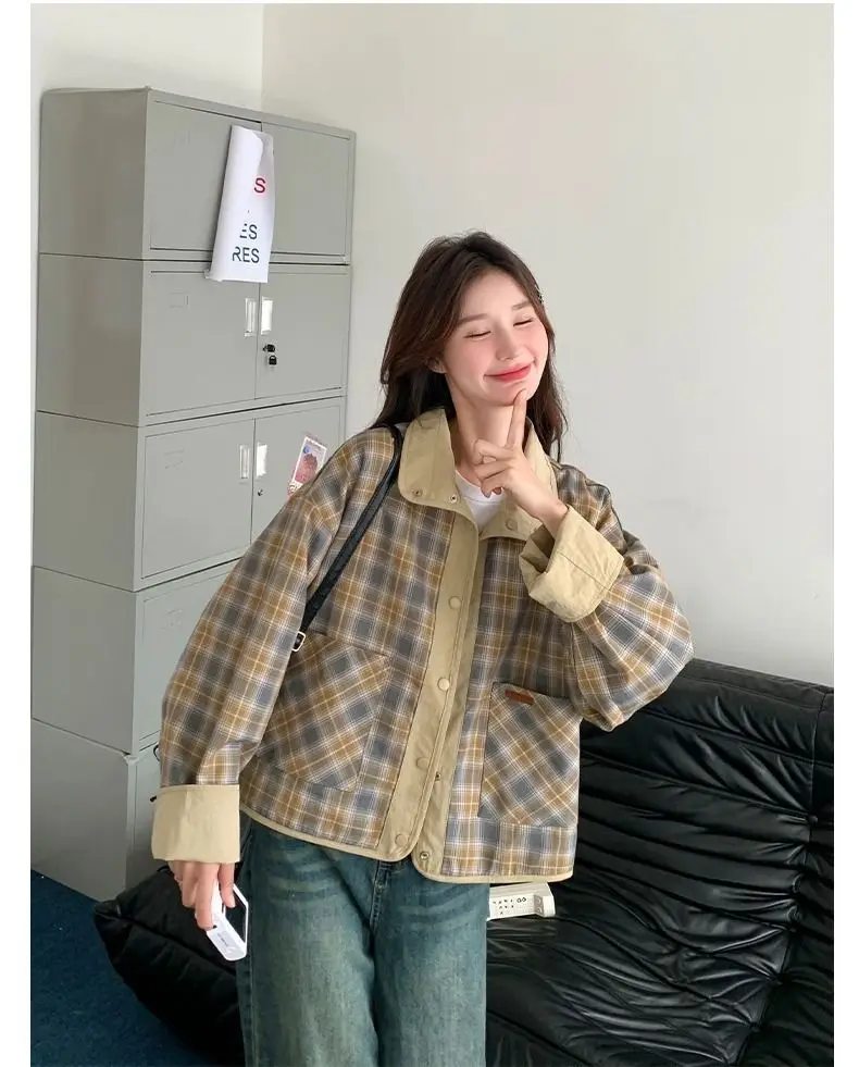 New Women's Plaid Jacket Fashion Loose Long Sleeve Single Row Button Tops Short Jacket Cardigan Coats Shirts