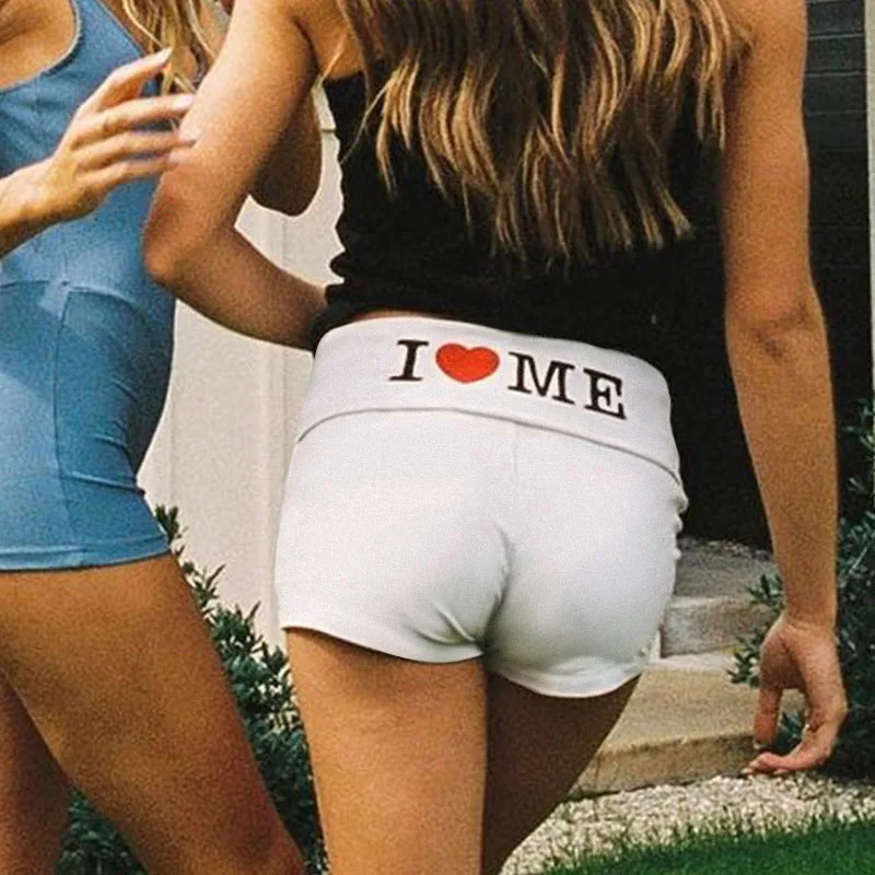 Y2K Aesthetic I LOVE ME Letter Print Short Harajuku Wide Leg Pant Drawstring Elastic Waist Bikers Sport Short Goth Women Clothes