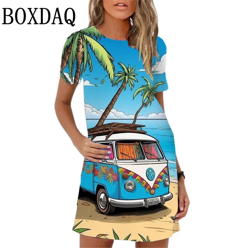 2024 New Summer Women Dress Beach Casual Retro sailboat Print Mini Dress Short Sleeve O-Neck Loose Woman Dresses