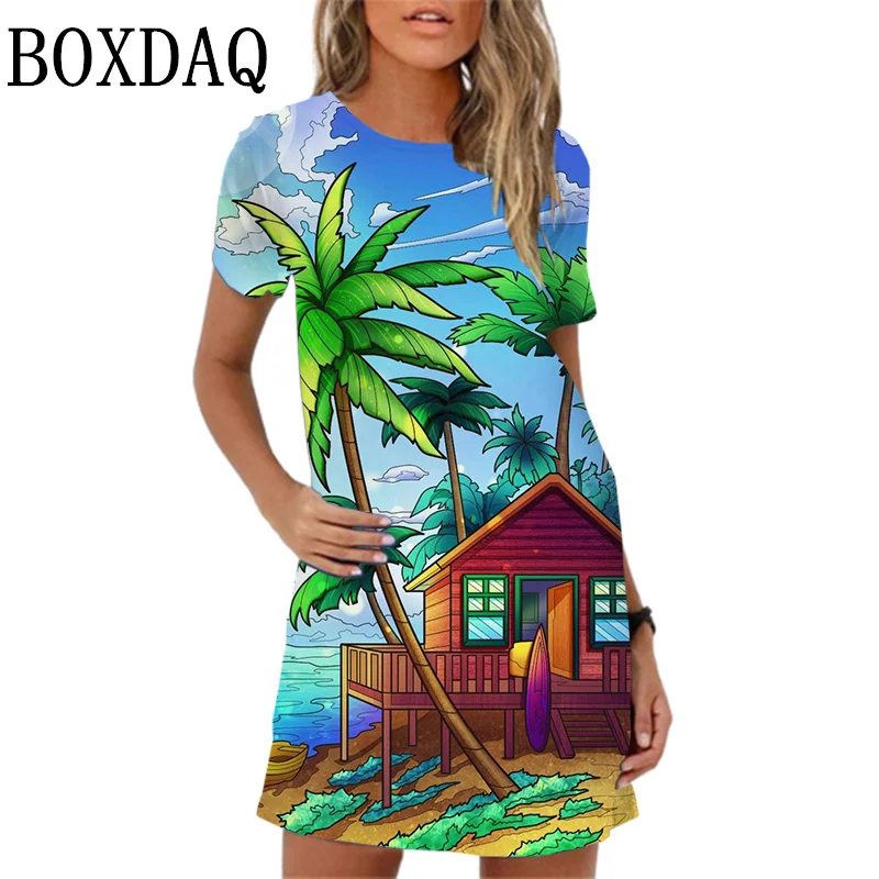 2024 New Summer Women Dress Beach Casual Retro sailboat Print Mini Dress Short Sleeve O-Neck Loose Woman Dresses