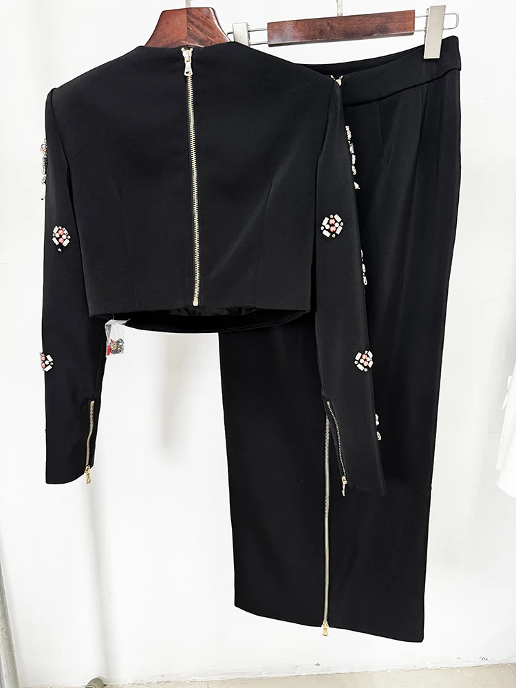 HIGH STREET Newest 2026 Designer Runway Suit Set Women's O-neck Zip Back Cropped Tops Long Skirt Set 2pcs