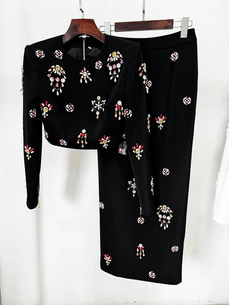 HIGH STREET Newest 2026 Designer Runway Suit Set Women's O-neck Zip Back Cropped Tops Long Skirt Set 2pcs