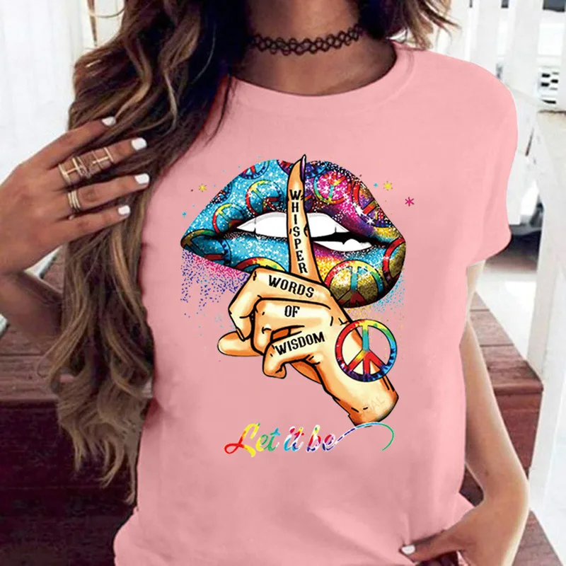 COTTON 100% Loose Crew-neck Creative Mouth Short-sleeved T-shirt Woman Oversized T Shirt Tops Aesthetic Clothes