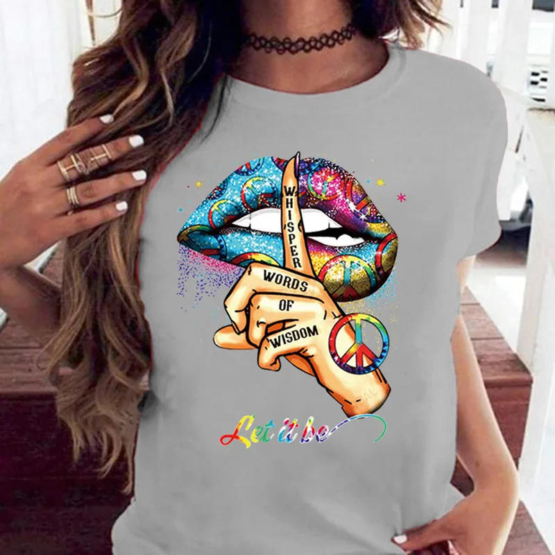 COTTON 100% Loose Crew-neck Creative Mouth Short-sleeved T-shirt Woman Oversized T Shirt Tops Aesthetic Clothes