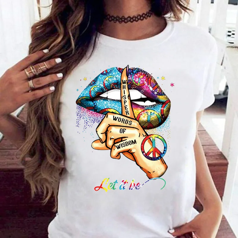 COTTON 100% Loose Crew-neck Creative Mouth Short-sleeved T-shirt Woman Oversized T Shirt Tops Aesthetic Clothes