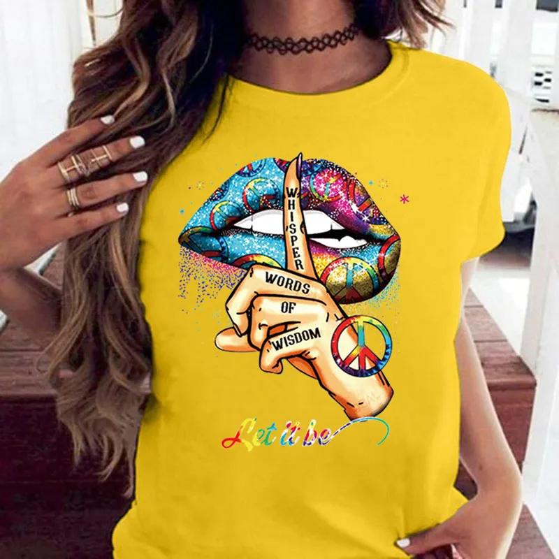 COTTON 100% Loose Crew-neck Creative Mouth Short-sleeved T-shirt Woman Oversized T Shirt Tops Aesthetic Clothes