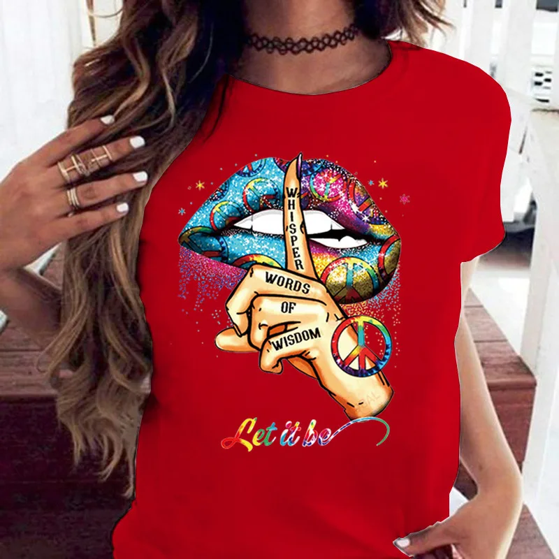 COTTON 100% Loose Crew-neck Creative Mouth Short-sleeved T-shirt Woman Oversized T Shirt Tops Aesthetic Clothes