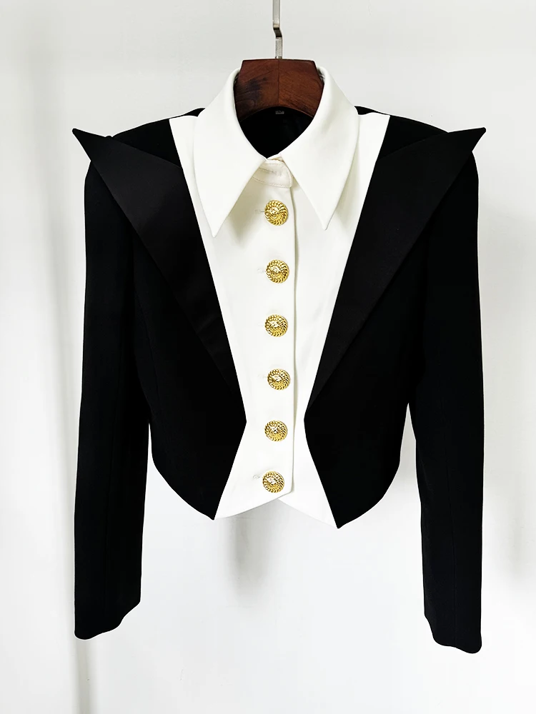 HIGH STREET Newest 2026 Designer Jacket Women's Black White Color Block Double Collars Cropped Blazer