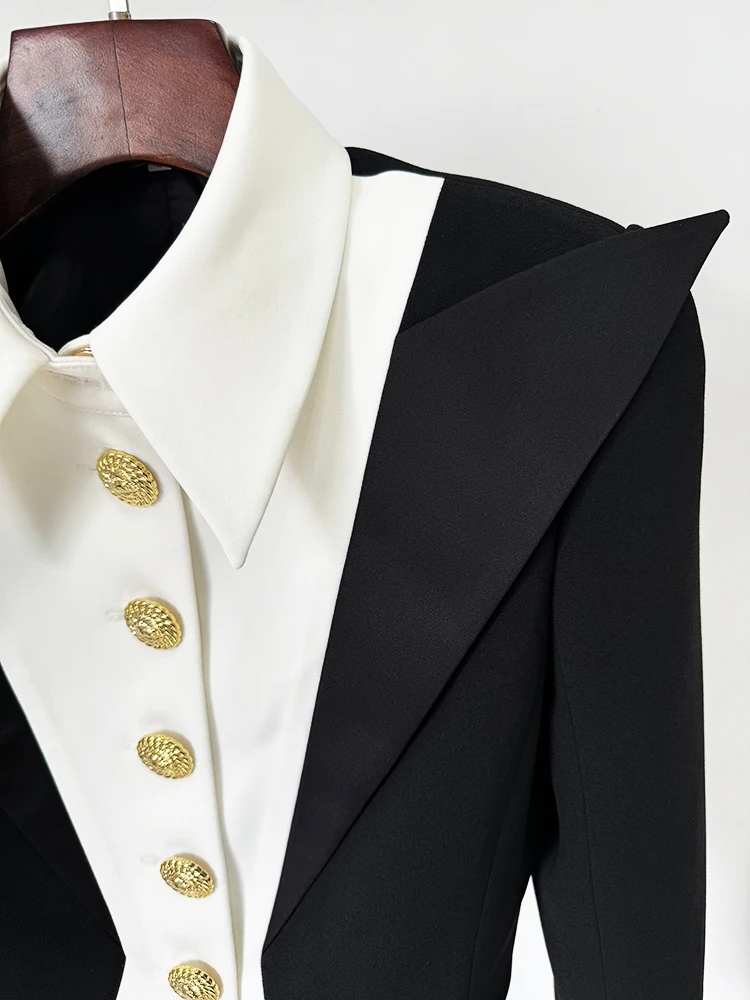 HIGH STREET Newest 2026 Designer Jacket Women's Black White Color Block Double Collars Cropped Blazer